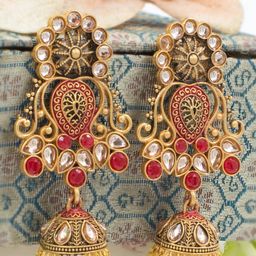 PRIVIU Red Gold Plated Jhumkas Earrings-image-41