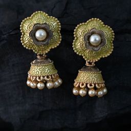 justpeachy Green Ethnic Meenkari Jhumkas With Pearl Embellishment-image-51