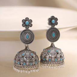 Priyaasi Silver-Plated Floral Shaped Oxidised Jhumkas-18
