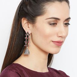 PANASH Silver-Toned & Red Triangular Jhumkas image 2