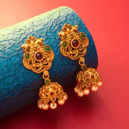aadita Gold-Plated Gold-Toned & Red Dome Shaped Jhumkas Earrings-picture-14