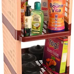 Multipurpose 4-Shelf Office Storage Trolley Rack with Wheels|Brown Plastic Kitchen Trolley-78