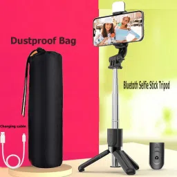 PULTO Bluetooth Extendable Selfie Stick Tripod With Fill Light +Dustproof Bag PLTL03 Wireless Bluetooth Detachable Remote, 360°Rotation, Selfie Stick And Stand R1S With Flash Light And Remote Control Selfie Stick Extendable Stick Mini Tripod With Detachable Remote For Smart Selfie Phone Holder Camera Flash Brackets Best Use For Make Videos Compatible With Mobiles Video Stand In Gimbal Stabilizer, |In Mobile Holder For Hand| Stand For Online Classes Selfie Sticks & Monopods Tripod, Monopod, Monopod Kit, Tripod Ball Head, Tripod Bracket, Tripod Clamp, Tripod Kit-2