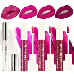 Ronzille Set of 4 Non Transfer Liquid Matte Lipstick with Lip Gloss 5 ml each - Pink-34