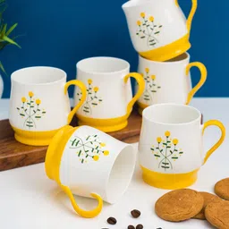 CLAY CRAFT 6 Pcs White & Yellow Printed Ceramic Glossy - 210 ML Each-6