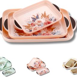 Serving Tray Set of 3 Printed Design Material Glossy Finish Bpa Free Pink Tray-25