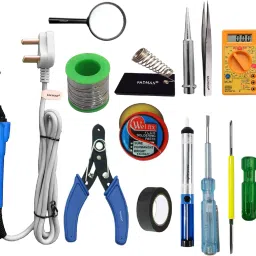 Beginner Basic Soldering Iron Kit Pack-13 | Solder Wire | Stand | Wire Cutter | Soldering Flux | Tweezer | Desoldering Pump | Tester | Soldering Bit | Magnifying Glass | Electric Tape | 2IN1 Screw Driver | Digital Multimeter | Soldering iron 25 W Simple-8