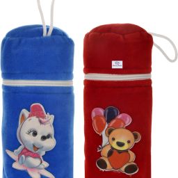 Cartoon Printed Velvet Newborn Baby Feeding Bottle Cover, Pack of 2 (Blue & Red)-image-5