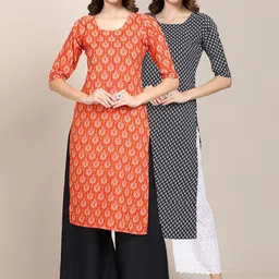 KALINI Women Pack of 2 Orange & black Printed Crepe Kurta-image-78