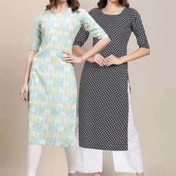 KALINI Women's Crepe Turquoise Blue & Black Color Ethnic Printed Straight Kurta PACK OF 2-picture-19