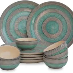 Pack of 12 Ceramic Hand Painted SeaGreen Grey 6 Dinner Plates, 6 Bowls Microwave & Dishwasher Safe Dinner Set-image-50