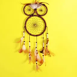 Dream Catcher Wall Hanging - Owl Shape with Natural Feathers - Brown Color (Pack of 1) Feather, Steel Dream Catcher-image-5