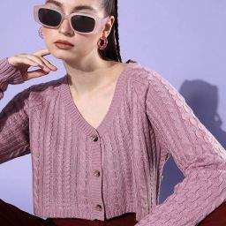 Women Self Design V Neck Purple Sweater-image-79