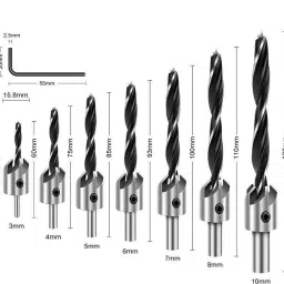 7Pcs HSS Countersink Drill Bit Set Hex Shank Woodworking Pilot Screw Holes Set. with head counter on wood set of 7pcs 3mm to 10mm-picture-10