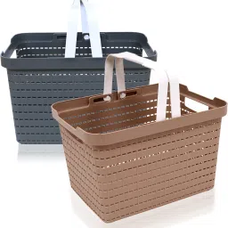 Plastic Plastic Storage Basket for Kitchen|Stationery|FLORA-222|Pack of 2|Coffee & Gray Storage Basket-27