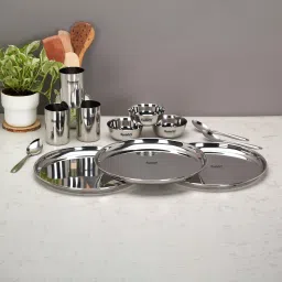 Pack of 12 Stainless Steel Stainless Steel Heavy Dinner set-12 Pcs (3 Plate,3 Bowl,3 Glass,3 Spoon) Silver Dinner Set-14