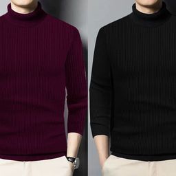 houseofcommon Men Solid High Neck Purple, Black Sweater-picture-26