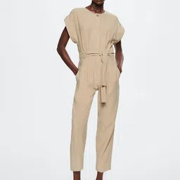 MANGO Women Beige Solid Tie-up Detail Sustainable Basic Jumpsuit-image-79