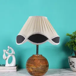 Devansh White & Brown Textured Wooden Table Lamp With Cotton Shade-23