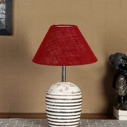 Devansh Maroon & White Textured Wooden Table Lamp With Cotton Shade-11