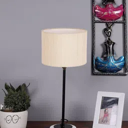 Devansh White Textured Cotton Table Lamp With Wooden Base-12