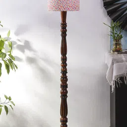 Devansh White & Pink Printed Wooden Floor Lamp With Cotton Shade-25
