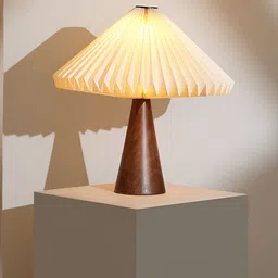 FIG Off White & Brown Textured Wooden Triangle Ballet Table Lamp with Bulb-image-74
