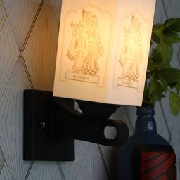 Gojeeva White & Black Printed Acrylic Traditional Rectangle Shaped Wall Lamp-72