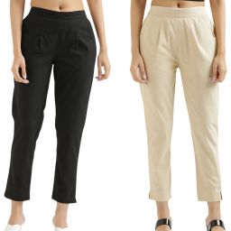 Pack of 2 Women Regular Fit Beige, Black Pure Cotton Trousers-image-65