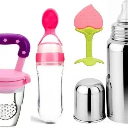Stainless Steel feeding bottle with Nibbler, Bottle spoon & Teethers Soft Stick - Silicone-image-79