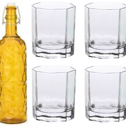 Bottle & 4 Glass Serving Lemon Set, Yellow, Clear, Glass - A1168 Jug Bottle Glass Set-image-24