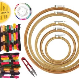 Fabric Embroidery Hoop Ring kit- Set of 5 pcs, sizes: 4",6",8",10" & 12"(Inches) of Premium Quality Wooden Embroidery Hoop Ring Frame, Compact Needles Set along with threader, Cotton Embroidery Thread Skeins (Set of 24 pcs), Thread Cutter, Pearl Head Pin Set-8