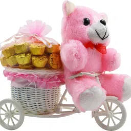 Special Gifts, Surprise Cycle Teddy with Chocolate for Wife, Girlfriend, fiancé On Valentine's Day, Birthday, Anniversary, Karwa Chauth and any special Occasion IZ19CyChocoPTPk-002 Silk, Plastic Gift Box-26