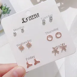 Jewels Galaxy Set Of 6 Rose Gold-Plated Crystals Studded Contemporary Studs Earrings-17
