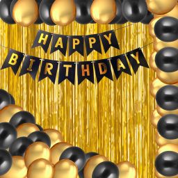 Happy Birthday Balloons Decoration Kit 33 Pcs, 1 set of Happy Birthday banner and 30Pcs Golden and Black Metallic Balloons Set with 2Pcs of Golden Foil Curtain for Husband Kids Boys Balloons Decorations Items Combo with Helium Letters Foil Balloon Banner, Latex Metallic Balloons Balloon (Multicolor, Pack of 33)-2