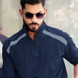 Men Colorblock High Neck Pure Cotton Dark Blue T-Shirt-image-32
