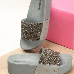 DressBerry Grey Embellished Open Toe Flatform Heels-56