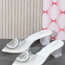 DressBerry White Embellished Peep Toe Block Heels-picture-9