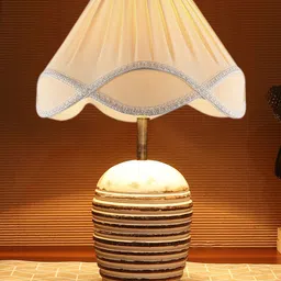 Devansh Off White Textured Wooden  Contemporary Frustum Shaped Table Lamp-18