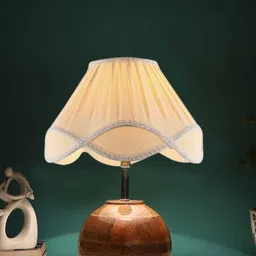 Devansh Off White and Brown Vintage shade with round wooden matki natural Table Lamps-16
