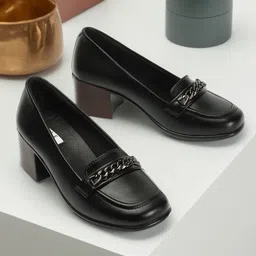 ELLE Black Round Toe Pumps Block Heels-54
