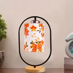 Devansh White & Orange Printed Cotton Drum Wooden & Iron Table Lamp-11