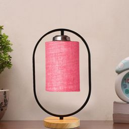 Devansh Black & Pink Jute Drum Wooden & Iron Cylinder Shape Contemporary Table Lamps-6