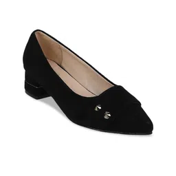 SHUZ TOUCH Black Textured Velvet Block Pumps-picture-35