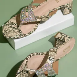 Inc 5 Open Toe Printed Embellished Detail Block Heels-65
