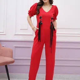 Athena Red V-Neck Waist Tie-Ups Basic Jumpsuit-image-23