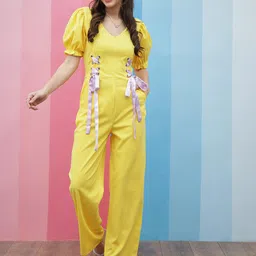 Athena Yellow V-Neck Waist Tie-Ups Basic Jumpsuit-picture-42