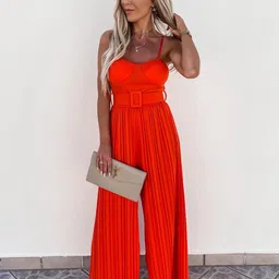 StyleCast Red Shoulder Straps Belted Basic Jumpsuit-2