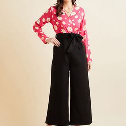 PANIT Black & Pink Floral Printed V-Neck Waist Tie Up Basic Jumpsuit-image-31