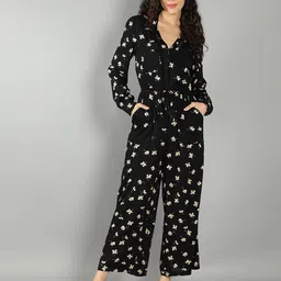 DEBONATELLA Women Black & Beige Floral Printed Basic Jumpsuit-image-20